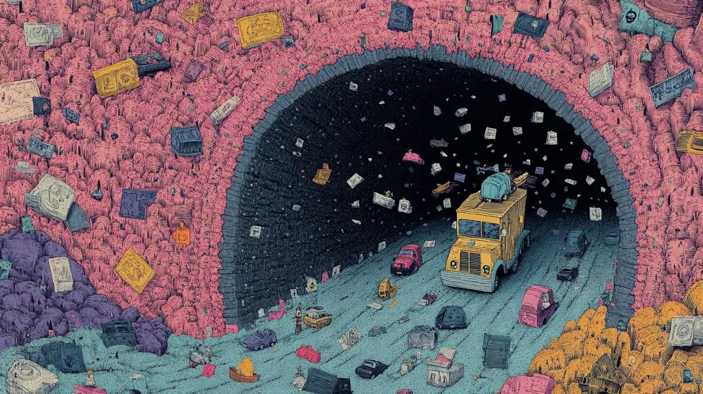 A yellow bus drives through a dark tunnel, its roof filled with people and the walls lined with abstract figures.  The tunnel is surrounded by colorful, textured walls.  The scene is surreal and playful, with a hint of mystery.  Small cars and figures navigate the scene, contributing to the dynamic and whimsical energy.  The image is densely layered and filled with a sense of chaotic energy.