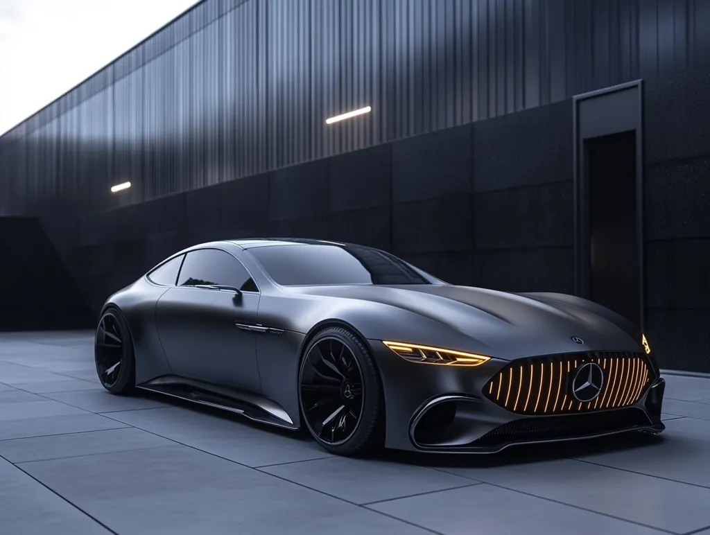 A sleek, black sports car with a distinctive grille, featuring vertical illuminated lines, sits in front of a modern, metallic building. The car's body lines are sharp and angular, emphasizing its sporty design. The setting is clean and minimalist, highlighting the car's elegance and futuristic appeal. The vehicle's sleek silhouette and futuristic design suggest it is a high-end concept car.