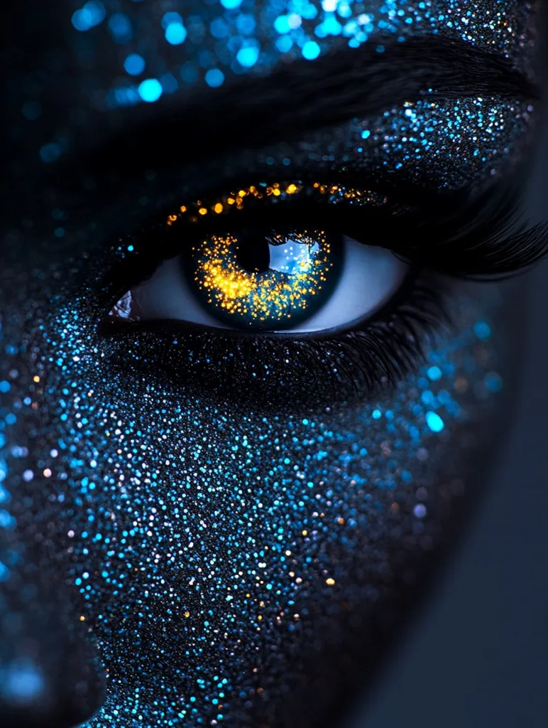 A close-up shot of a woman's eye. The eye is covered in blue and gold glitter. The light reflects off the glitter, making it sparkle. The eyelashes are long and dark. The image is dark and mysterious. The focus is on the eye and the glitter.