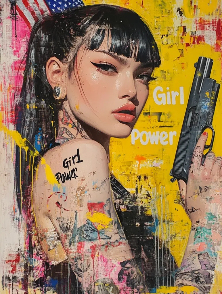 The painting features a young woman with dark hair and bold makeup, holding a gun. She is covered in colorful tattoos and the background is a vibrant yellow with splashes of red, blue, and black. The words "Girl Power" are written in bold letters on the canvas. The overall impression is one of strength and defiance.