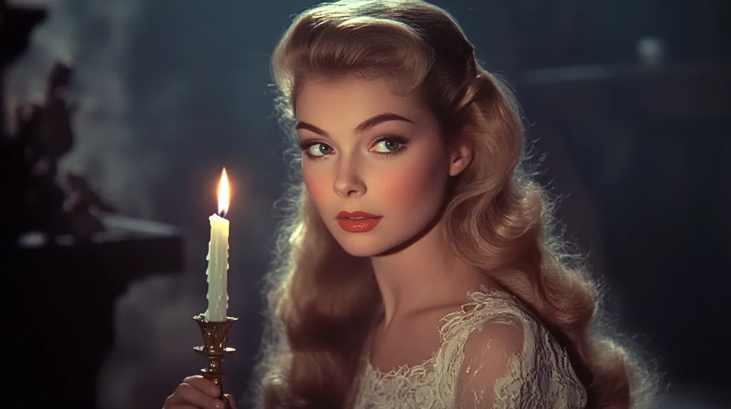A woman with long blonde hair, styled in a classic 1950s updo, holds a lit candle in a gold candlestick. Her face is framed by her hair, with a soft focus on her makeup and a hint of melancholy in her eyes. The scene is dark and moody, with a mysterious atmosphere. The woman's elegant lace dress adds to the romantic and nostalgic tone of the image.  She appears to be looking intently at something off-screen, adding to the suspense of the moment.
