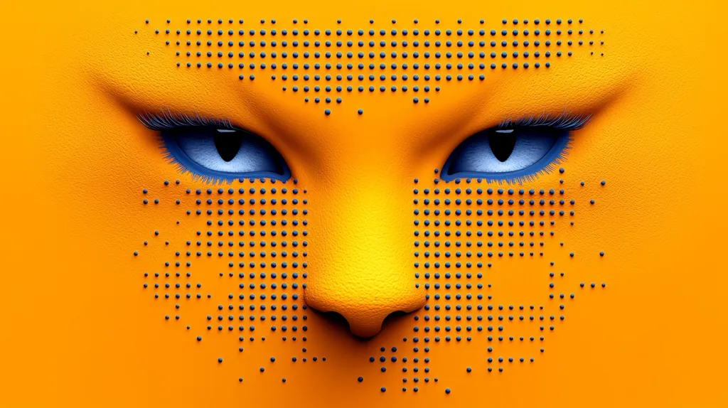 The image depicts a close-up of a face with a bright orange skin tone and blue eyes.  The eyes are framed with dark blue eyeliner and have long eyelashes. The skin is covered in a pattern of blue dots. The image creates a sense of mystery and intrigue.