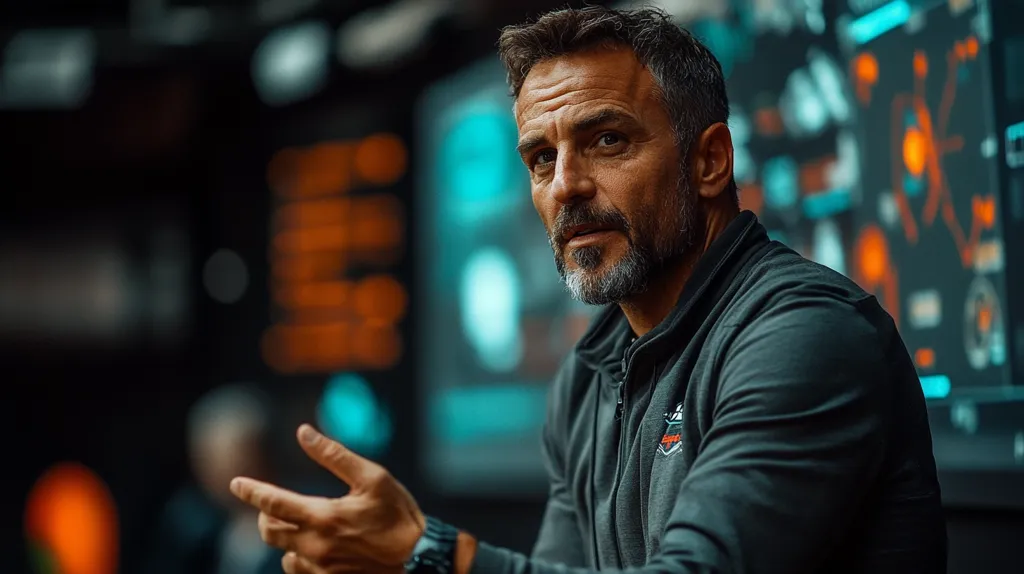 A man with a beard and dark hair is sitting in a room. He is wearing a black sweatshirt. The background is blurred. The man is gesturing with his right hand, and he looks focused and intense. The image is lit with warm, artificial lighting.  The background appears to be a screen with a digital display.