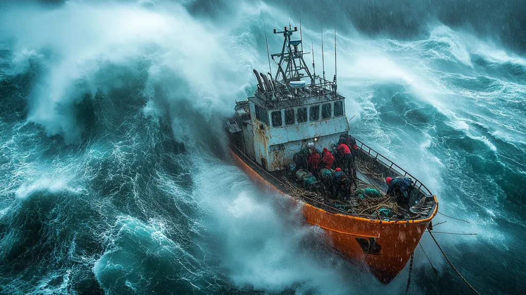 A fishing boat is caught in a raging storm at sea. Large waves crash around the vessel, creating a spray of water. Several figures are seen working on the deck of the boat, struggling to stay upright against the powerful waves. The scene is both dramatic and beautiful, capturing the power of nature and the resilience of human endeavor.