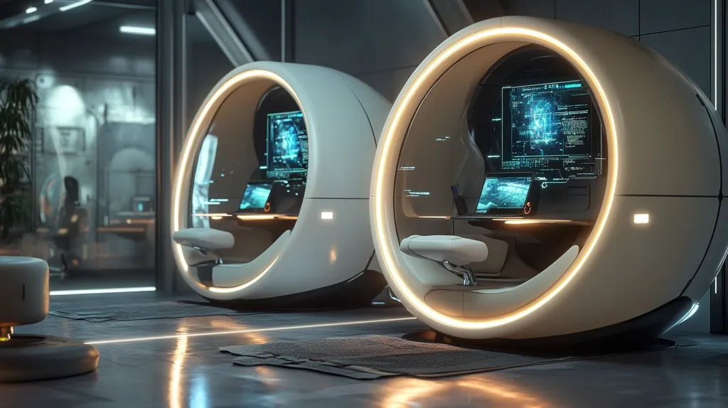 Two futuristic, egg-shaped chairs with glowing rims are positioned in a sleek, modern room. Each chair features a built-in console with a digital display, showcasing a blue interface. The chairs are surrounded by a reflective, polished floor, reflecting the soft glow of the illuminated rims. The room has a minimalist design, with a large window offering a glimpse into another area.