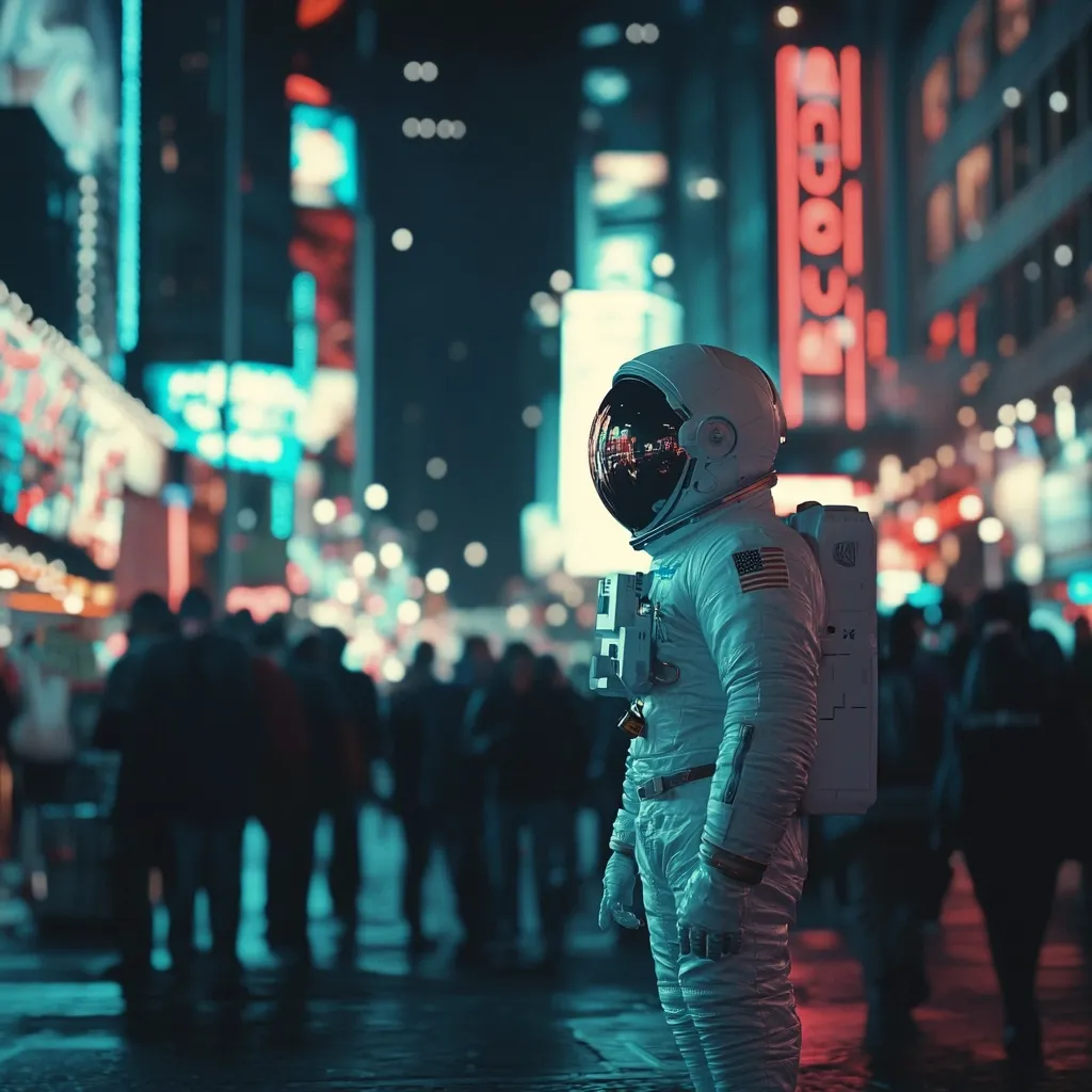 An astronaut in a white spacesuit stands on a crowded city street. The city is illuminated by neon lights, creating a vibrant and futuristic atmosphere. The astronaut's helmet reflects the surrounding lights, creating a sense of mystery and wonder. The image suggests a clash between the futuristic and the everyday, as the astronaut stands out amongst the ordinary people. The astronaut's presence creates a feeling of intrigue and excitement, suggesting a story of exploration and adventure. The image is visually striking and thought-provoking, leaving the viewer to imagine the astronaut's purpose and journey.