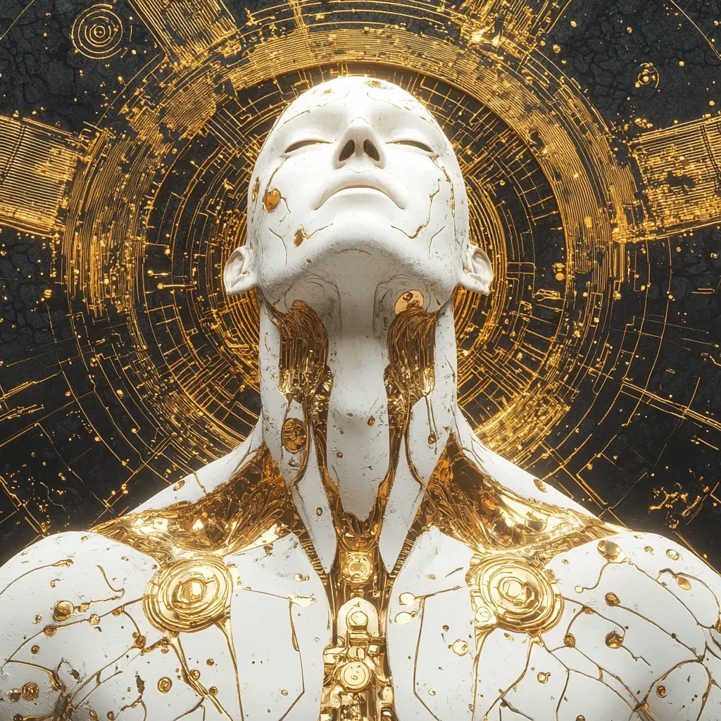 The image depicts a white, humanoid figure with gold accents. The figure has its eyes closed and its head tilted back, suggesting a state of peace or meditation. The background features a circular pattern of gold lines and circles, reminiscent of a circuit board or a technological interface. The overall effect is one of otherworldly serenity and technological advancement.