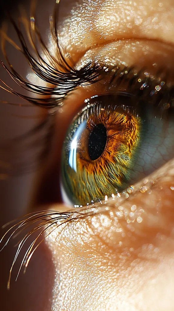 A close-up of a human eye, focusing on the iris and pupil. The iris is a vibrant green and gold color, with a dark black pupil. The eyelashes are long and dark, and the skin around the eye is smooth and shimmery. The image is soft and intimate, capturing the beauty and detail of the human eye.