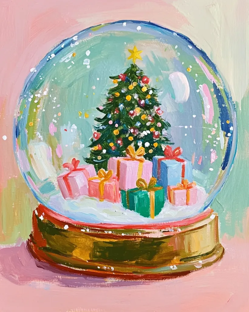 A snow globe with a festive Christmas scene. A decorated Christmas tree stands tall in the middle, surrounded by colorful wrapped gifts. The globe is filled with snow, creating a magical winter atmosphere. The snow globe sits on a golden base, adding a touch of elegance. The painting is filled with bright colors and a whimsical charm.