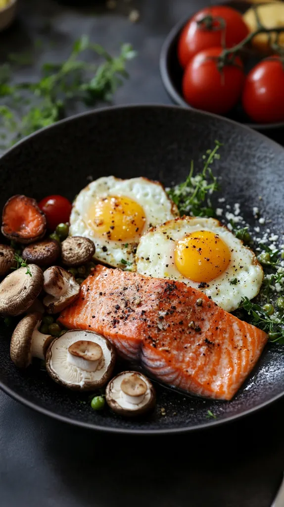 A black plate with a piece of cooked salmon, two fried eggs,  mushrooms, peas, and a small tomato. The food is arranged in a circular pattern with the salmon in the center. The plate is surrounded by other ingredients, including tomatoes and herbs.