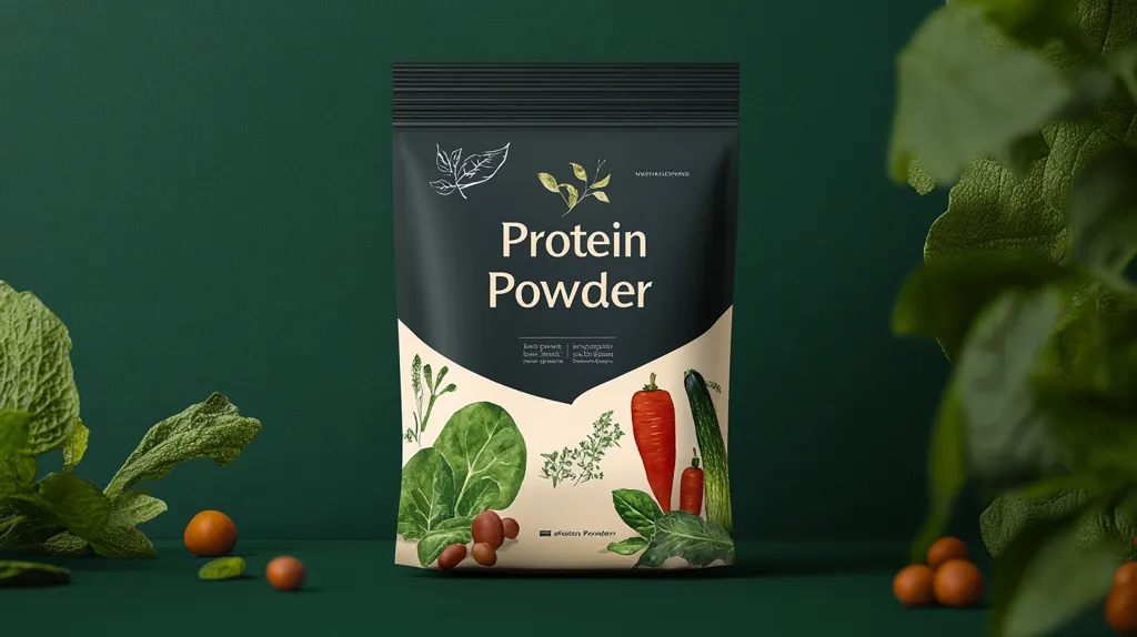 The image shows a black and cream-colored pouch of protein powder. It has a minimalist design with a line drawing of vegetables on the front. The pouch is on a green surface with green leaves and a few small brown spheres in the foreground. The background is also green with a blurred image of more green leaves.