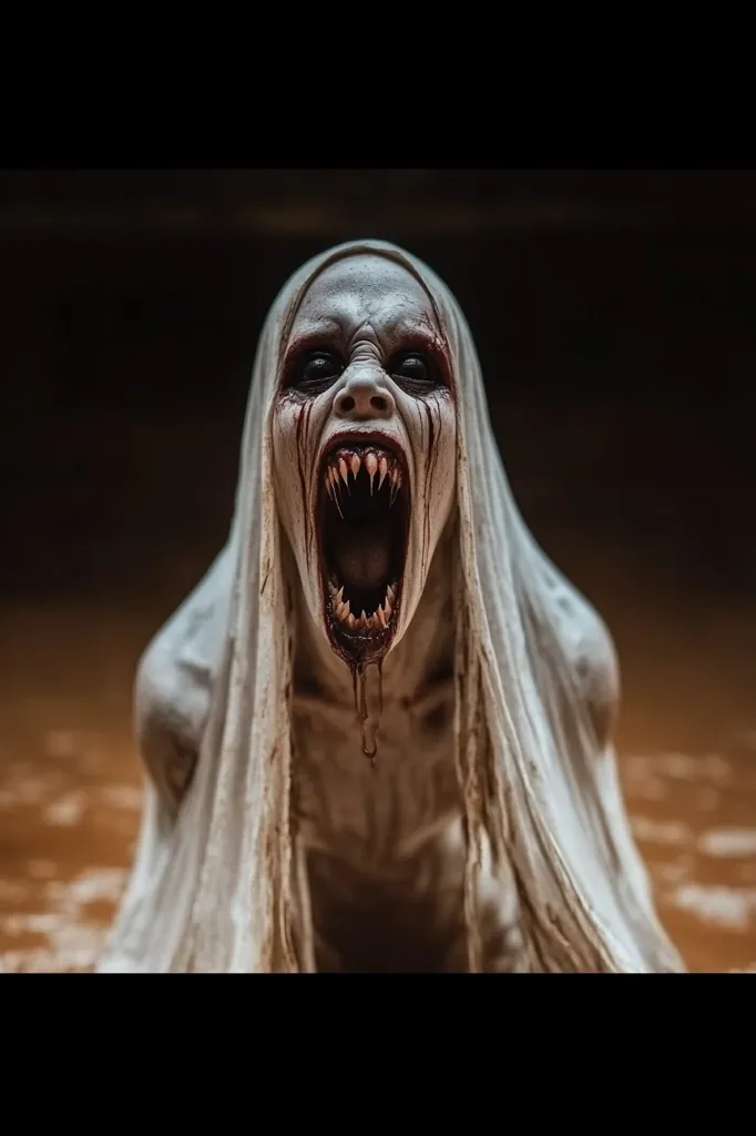 The image shows a terrifying figure draped in a white sheet. It has a grotesque, pale face with blood dripping from its mouth, which is open in a wide, toothy grin. Its eyes are wide and dark, and its expression is one of pure evil. The figure is standing in what appears to be a dark and swampy environment, adding to the sense of dread. The overall effect is one of pure horror, suggesting a supernatural creature with malevolent intent.