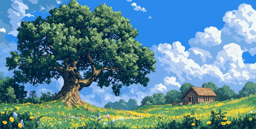 A large, green tree with a thick trunk stands in a field of wildflowers under a bright blue sky dotted with puffy white clouds. A small log cabin is situated to the right, surrounded by trees. The scene is peaceful and idyllic, with vibrant colors and a sense of tranquility.
