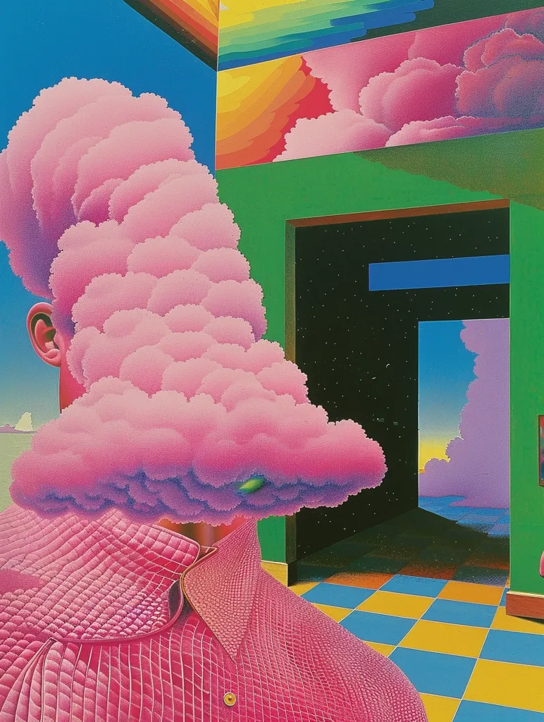 The image is a surreal painting featuring a person with a head composed of swirling pink clouds. The person is wearing a pink shirt with a textured pattern. They stand in a room with bright green walls and a doorway leading to a dark, star-filled room. The room also features a checkered floor and a rainbow-colored wall. The overall tone is vibrant and dreamlike.