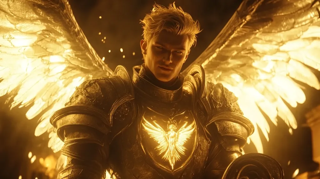 A male angel with golden wings stands in a warrior's pose. He wears gleaming armor with a symbol of a winged figure on his chest. The wings are a radiant golden hue, suggesting power and divinity. The angel's face is stern and determined, highlighting his purpose and resolve. The warm, ethereal glow emanating from the image creates a sense of otherworldly presence.