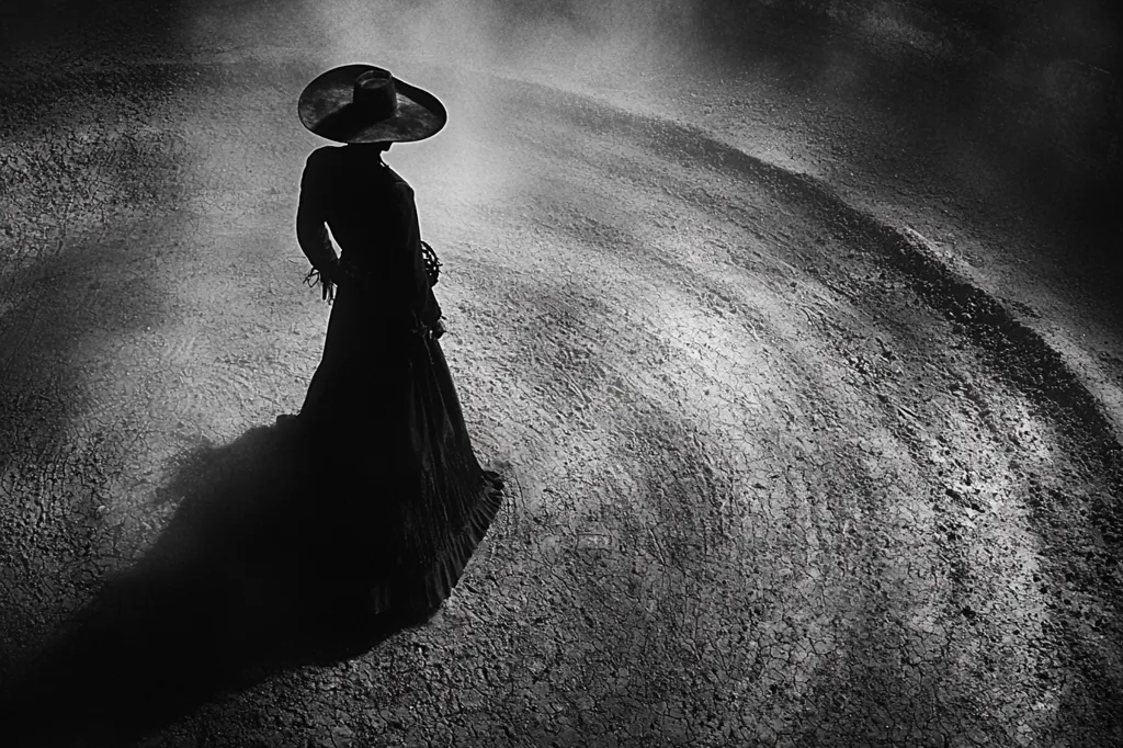 A woman in a large, wide-brimmed hat and long dress stands on a dusty path, her silhouette dark against the light background. The path curves gently, and the woman's shadow stretches out behind her. The scene is framed by a hazy, atmospheric light that creates a sense of mystery and solitude.