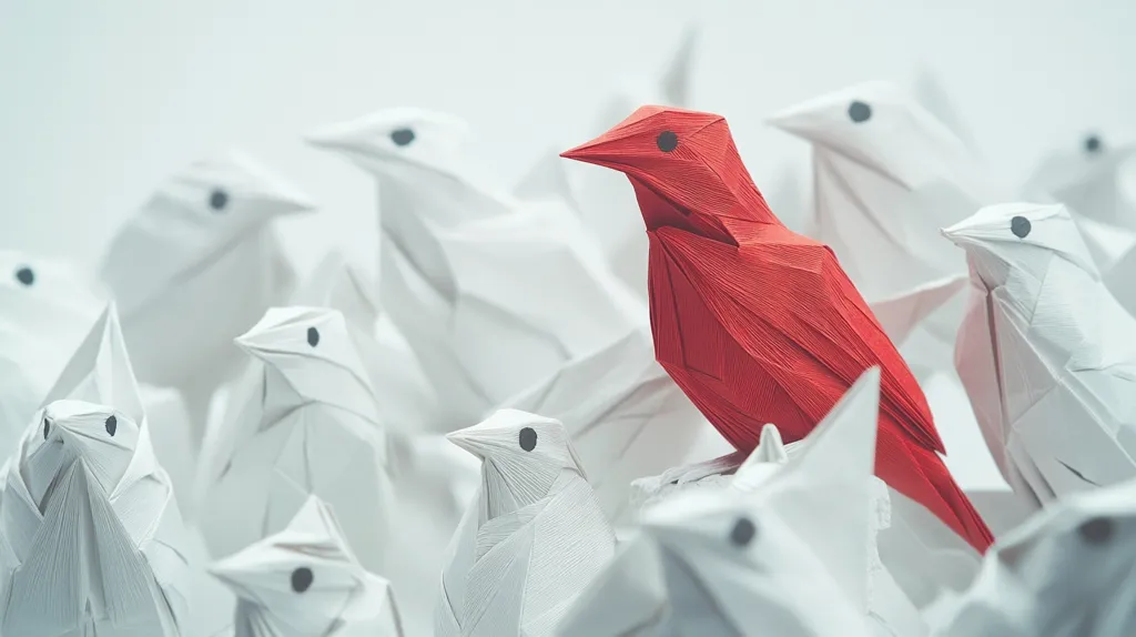 A bright red origami bird stands out amongst a group of white origami birds. The red bird is positioned in the center of the image, surrounded by the white birds. The image highlights the concept of individuality and standing out from the crowd. The birds are meticulously folded, showcasing the intricate details of the origami art. The soft lighting casts subtle shadows, adding depth to the image.