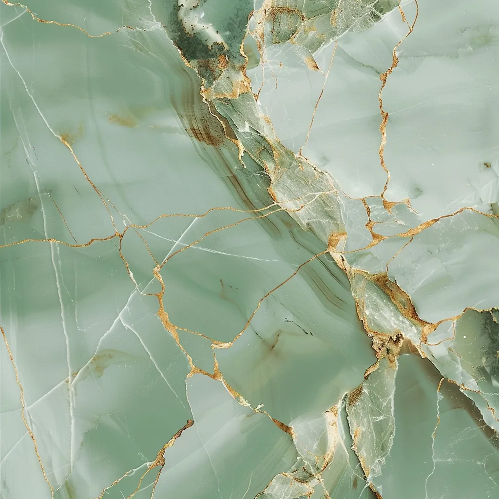 The image shows a close-up of green marble with a network of fine, gold-colored veins. The veins are intricate and delicate, creating a beautiful and elegant pattern. The marble has a smooth, polished surface, and its colors range from light to dark shades of green. It is a luxurious and beautiful material that would be perfect for a variety of decorative purposes.