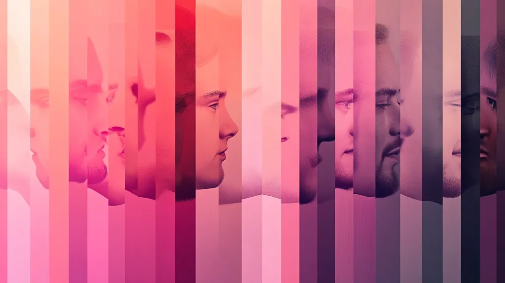 The image shows a series of vertical strips, each containing the profile of a man's face. The faces are all similar, but each strip has a slightly different color tone, creating a gradient effect. The overall tone of the image is pink and purple, with a subtle sense of depth and mystery.  The men are all in profile, looking to the right, and their faces are partially obscured by the vertical strips, adding to the abstract nature of the image.  The image could be interpreted as a representation of identity, individuality, or the passage of time.