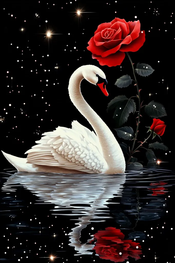 A graceful white swan with a long neck swims in a still body of water. The surface of the water reflects the swan and the beautiful red rose behind it. The background is a black starry night sky.  A second red rose can be seen further down the stem.