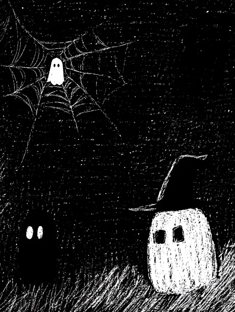 A black and white drawing depicts a spooky Halloween scene. A ghost floats in a spiderweb at the top of the image, while a witch wearing a hat and a pumpkin with eyes stand on the bottom. The scene is drawn with simple lines and a grainy texture, creating a whimsical and eerie atmosphere.