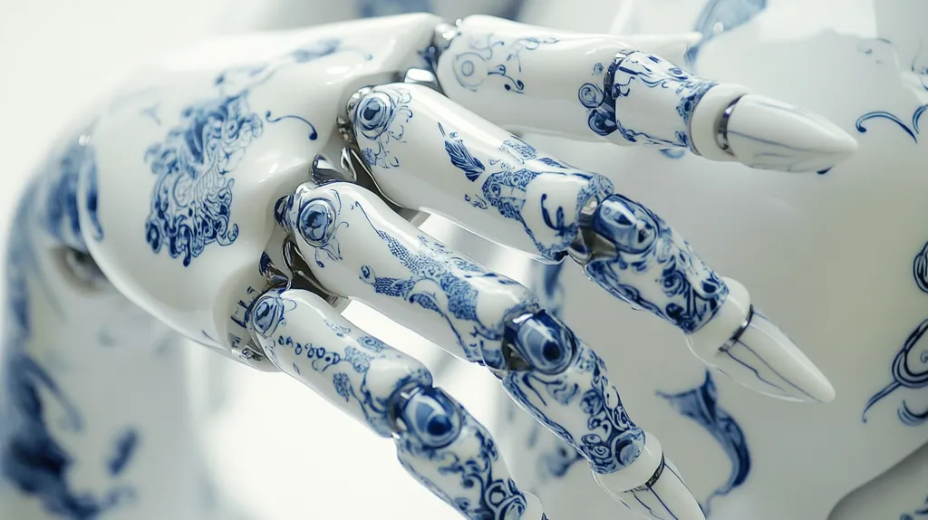 A close-up of a porcelain hand with intricate blue and white patterns. The hand is made up of several articulated pieces, each adorned with a different design. The light reflects off the smooth, glossy surface, highlighting the delicate details. The hand appears to be reaching out, as if inviting the viewer to touch it. The image evokes a sense of beauty and mystery, blending traditional craftsmanship with modern technology.