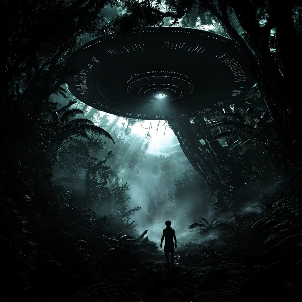 A dark and mysterious scene with a large, hovering UFO in the center, casting an eerie glow on the surrounding jungle. The alien craft is surrounded by dense foliage, and a lone figure walks towards it, their silhouette obscured by the darkness. The image evokes a sense of suspense and wonder, suggesting an encounter with the unknown.  The composition and lighting create a sense of depth and isolation, drawing the viewer's attention to the central figure and the looming presence of the UFO.