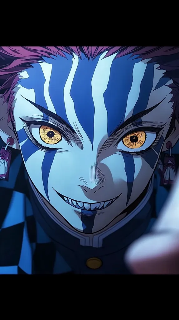 The image is a close-up of a male anime character. He has blue and white markings on his face, yellow eyes, and a menacing smile. His hair is pink and he is wearing a blue and black patterned shirt with a gold button. The lighting is dark and the image is focused on his expression.  The character appears to be a demon slayer or a character from a similar anime. He looks strong and dangerous.