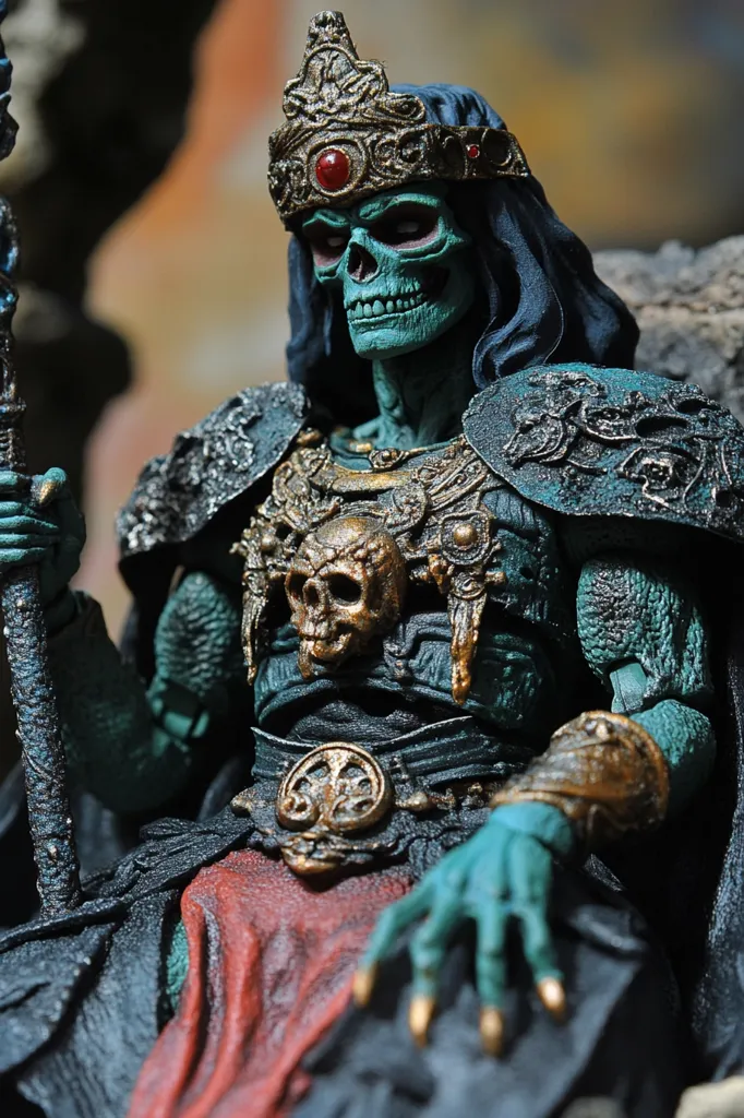 The image shows a skeletal figure with green skin wearing a golden crown and elaborate armor. He has a skull-like face with a red jewel in his crown. He is seated, holding a staff with his left hand and resting his right hand on his knee. The figure appears to be a ruler or powerful sorcerer. The image has a dark, ominous tone.