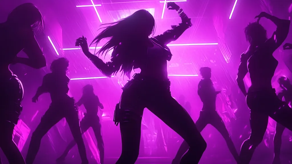 The image shows a group of women silhouetted against a vibrant purple and pink backdrop. Neon lights illuminate the scene, creating a futuristic and edgy atmosphere. The women are dressed in sleek, modern clothing, and their poses suggest they are dancing and enjoying the vibrant energy of the space.