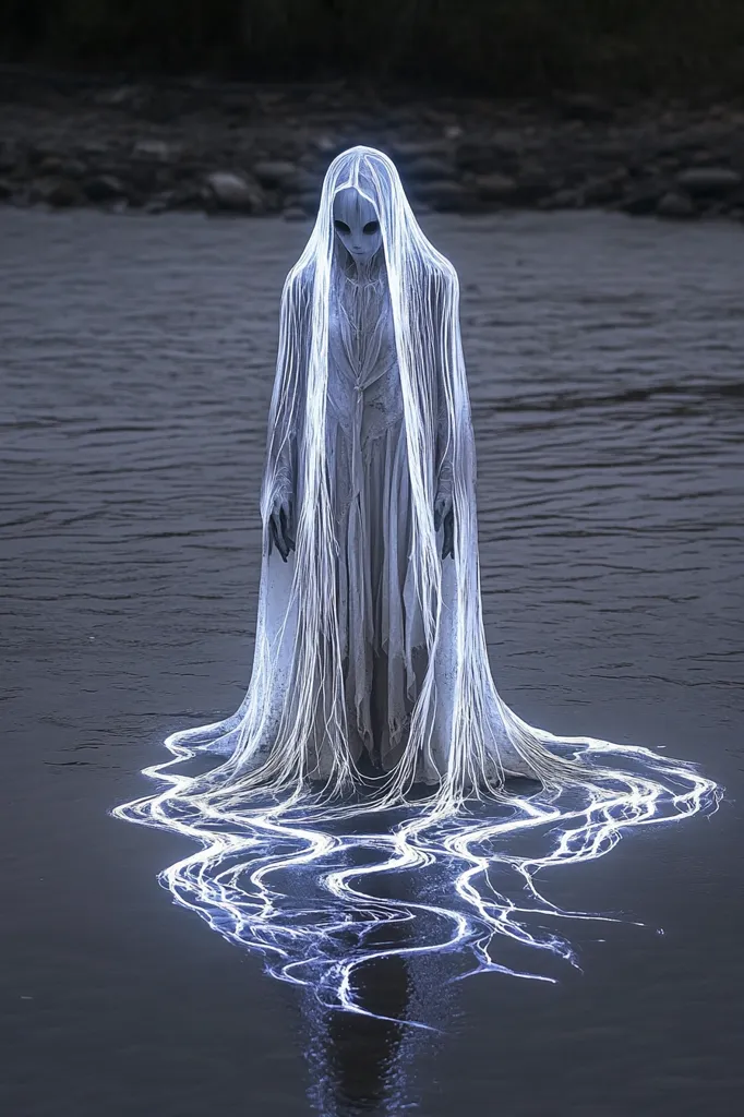 A figure in a flowing white gown stands in shallow water, its head obscured by a veil. The gown trails behind the figure, forming a web of luminous threads that reflect in the water, creating an ethereal and otherworldly scene. The figure's features are hidden, adding to the mystery and intrigue. The image evokes a sense of both beauty and unease, suggesting the presence of something supernatural or otherworldly.