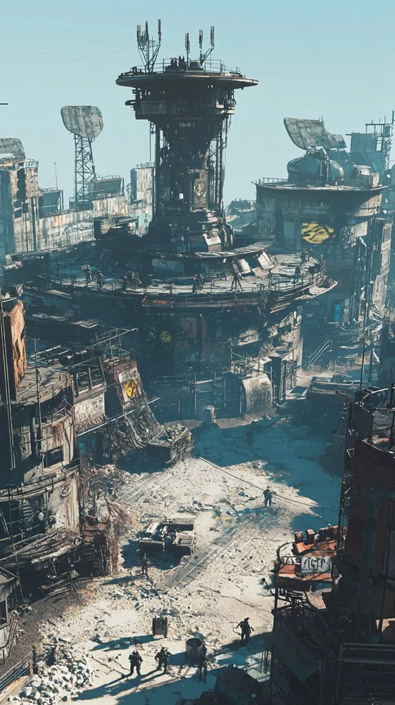 A futuristic cityscape, weathered and worn. A tall, complex structure dominates the center, with several satellite dishes pointing towards the sky. The ground is littered with debris, and a group of figures walk in the distance. The image evokes a sense of post-apocalyptic desolation.