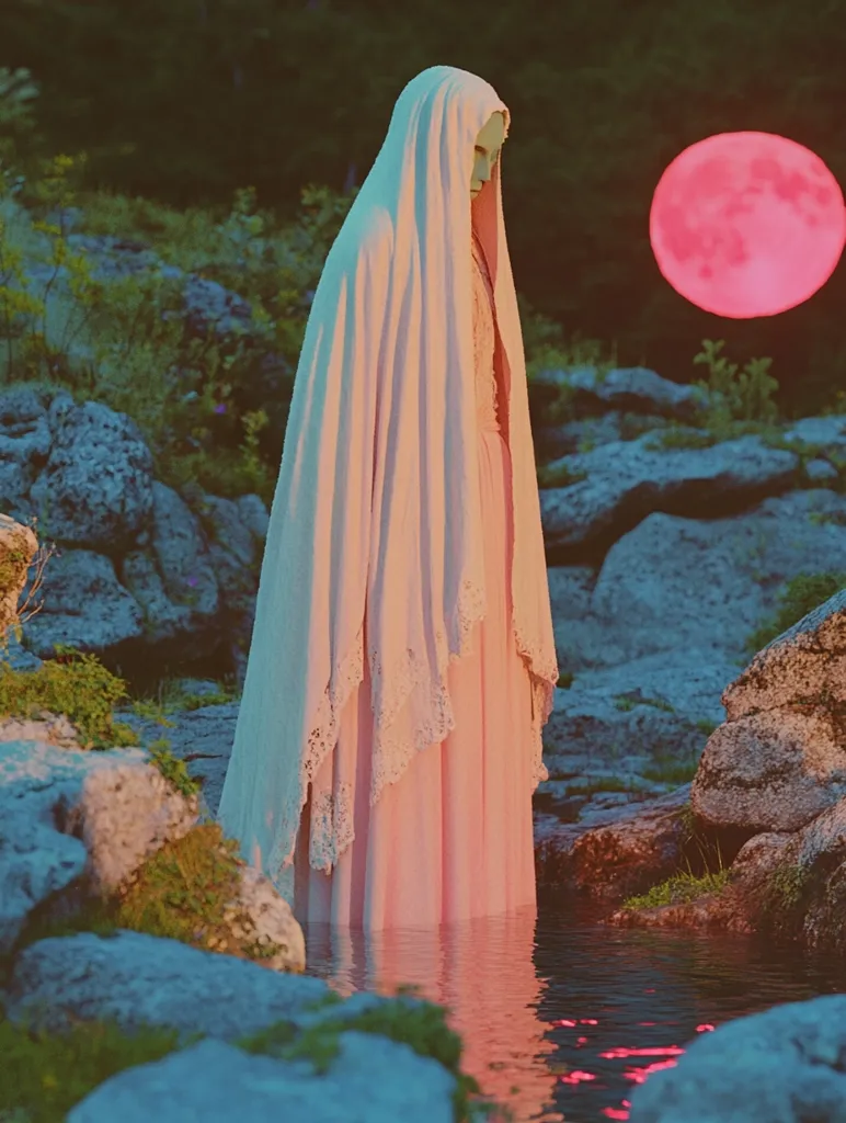 A figure cloaked in white stands in a shallow pool of water. The figure's face is obscured, but their form is silhouetted against a glowing red moon in the night sky. The setting is a rocky landscape, with lush greenery surrounding the pool. The image evokes a sense of mystery and ethereal beauty.
