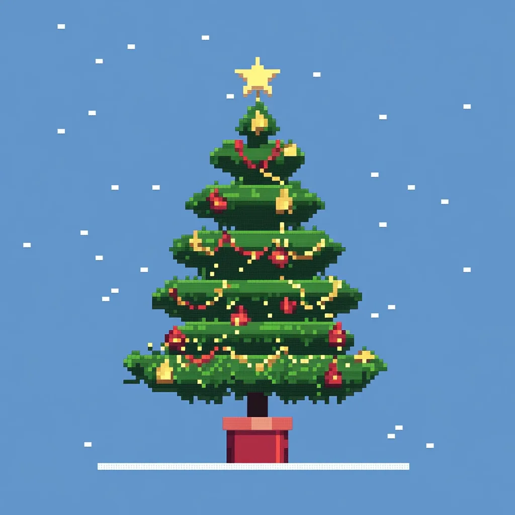A pixelated Christmas tree stands tall against a light blue sky with scattered snowflakes. It's adorned with a golden star, red ornaments, and yellow lights, adding a festive touch. The tree is rooted in a red pot, creating a simple yet cheerful holiday scene.  The pixelated style gives the image a retro, nostalgic feel.
