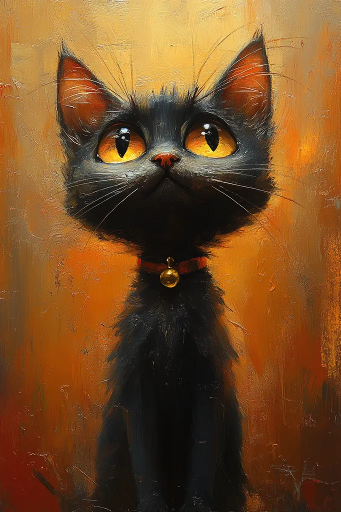 The image is a painting of a black cat with large, round yellow eyes and a gold collar with a bell. The cat is looking up, its expression curious and playful. The background is a warm, golden brown color, with some texture and brushstrokes visible. The overall style is whimsical and charming.