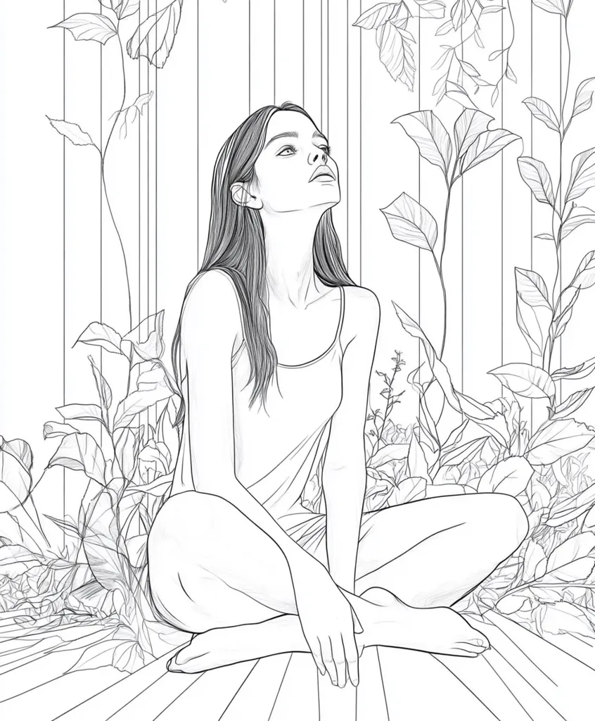 The image is a black and white line drawing of a woman sitting with her legs crossed, surrounded by leafy plants. The woman is wearing a tank top and has long hair that flows down her back. She looks up with a serene expression. The background is a series of vertical lines. The image is simple but elegant.