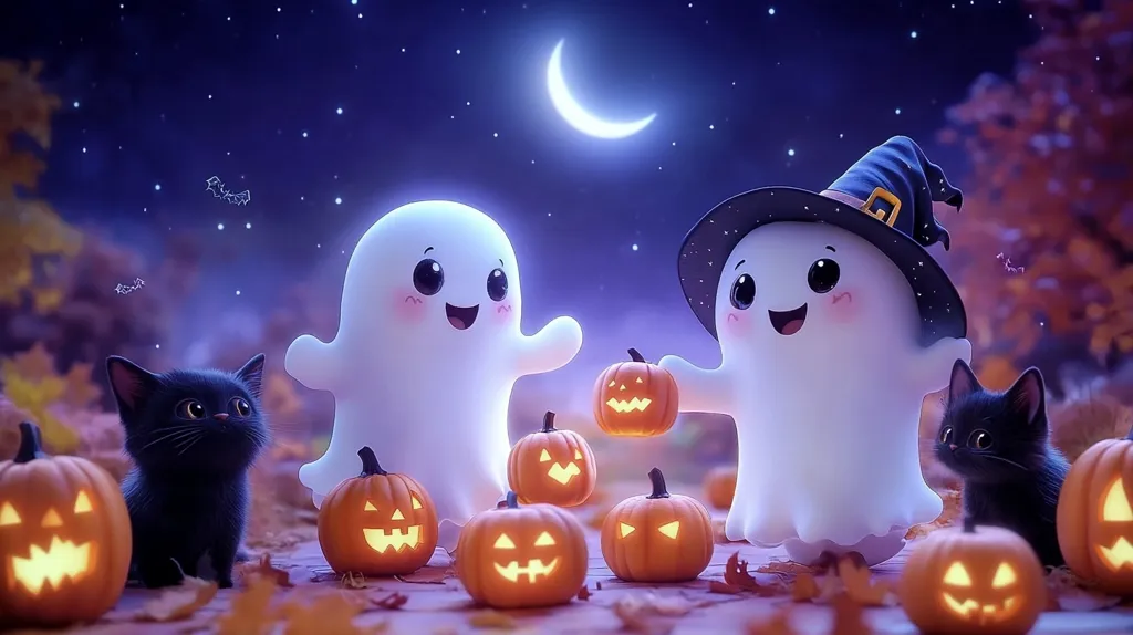 Two friendly ghosts, one wearing a witch's hat, are surrounded by jack-o'-lanterns and two black cats under a starry sky. The scene is lit by a crescent moon and the glowing faces of the pumpkins.  A festive Halloween night atmosphere is created.