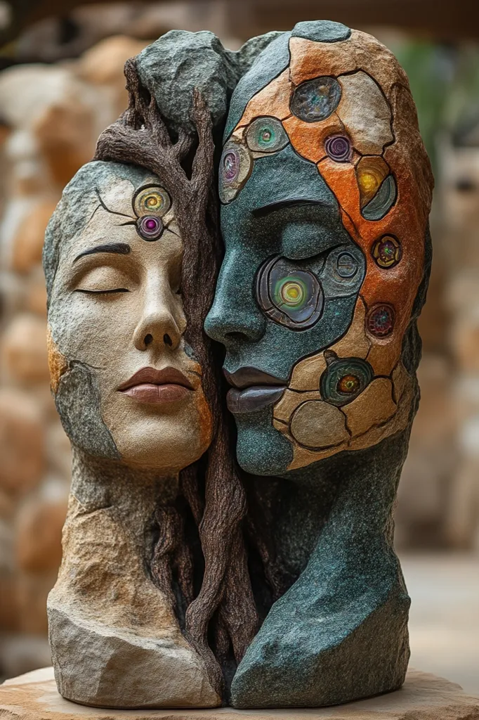 A stone sculpture depicting two faces, one with a peaceful closed-eye expression and the other with a more stoic, partially closed-eye look. They are joined by a twisting tree-like structure, symbolizing a connection or shared history. The faces are made of different colors and textures, creating a contrasting yet complementary composition.  The sculpture is a representation of duality and interconnectedness.