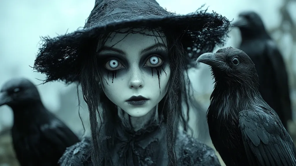 The image shows a young woman dressed in a black witch's hat and gown. She has a pale, ghostly complexion and large, white eyes with black streaks running down her cheeks. Two black ravens are perched near her, one looking directly at the viewer. The overall tone of the image is dark and eerie.