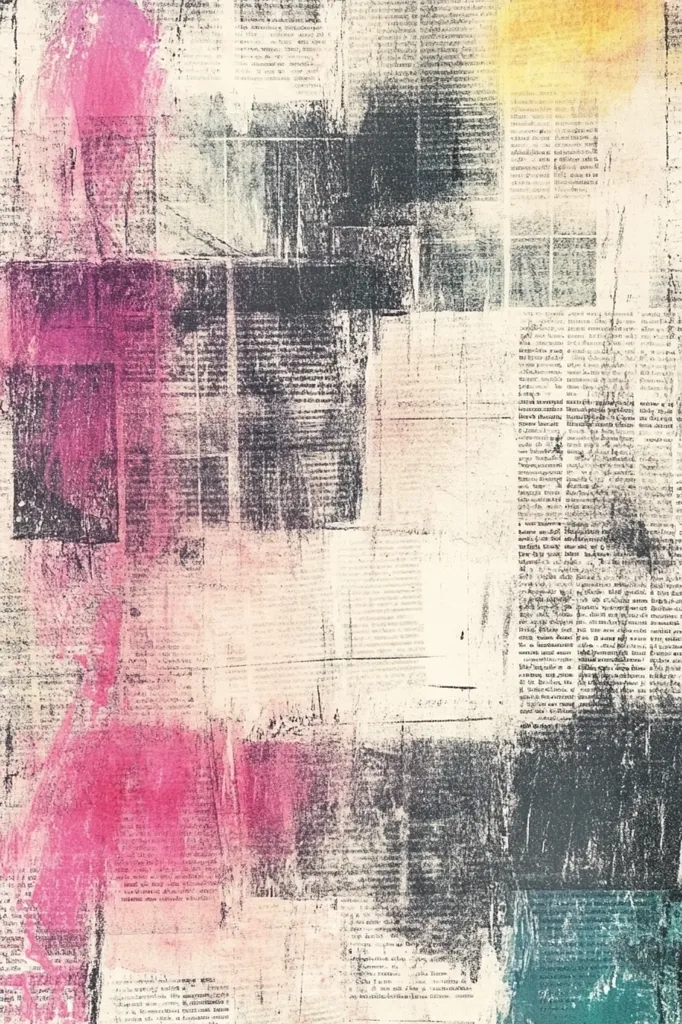 The image is an abstract design with a background of old newspaper print in black and white.  Large areas of gray and pink and a small area of teal are painted over the newspaper print, creating a mottled effect. The overall image evokes feelings of being lost in time or memory.