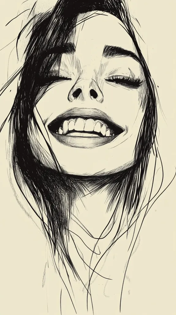 The image is a black and white sketch of a woman's face. She has long, flowing hair, and her eyes are closed. She is smiling with her mouth open and her teeth showing. The sketch is done in a simple, yet expressive style. It captures the woman's joy and happiness. The image is minimalistic, but impactful. It conveys a sense of freedom and pure emotion.