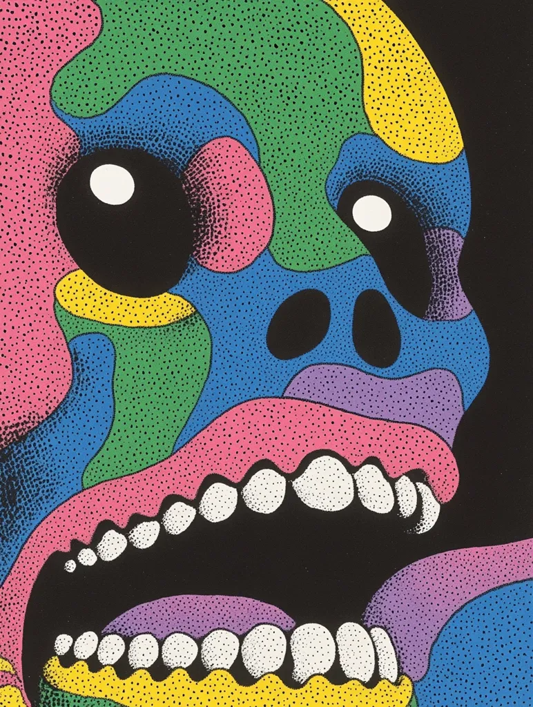 The image is a close-up of a colorful, abstract skull with a large, open mouth. The skull is made up of various shapes and colors, including pink, blue, green, and yellow. The teeth are white and the background is black. The skull appears to be made of tiny dots. The image is bright and bold, with a psychedelic and somewhat disturbing quality.