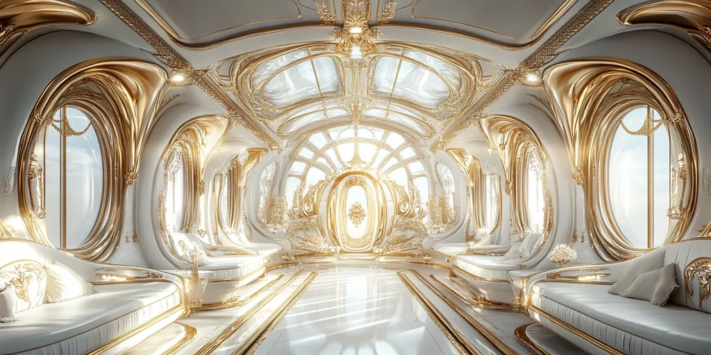 A grand, futuristic interior with a white and gold color scheme. The room features intricate, curved walls adorned with gold detailing and large, oval-shaped windows that offer views of a cloudy sky.  Luxurious white couches and plush pillows line the walls, creating a sense of opulence and grandeur. The ornate, gold-trimmed ceiling is a masterpiece of architectural design, adding to the overall feeling of sophistication and refinement.