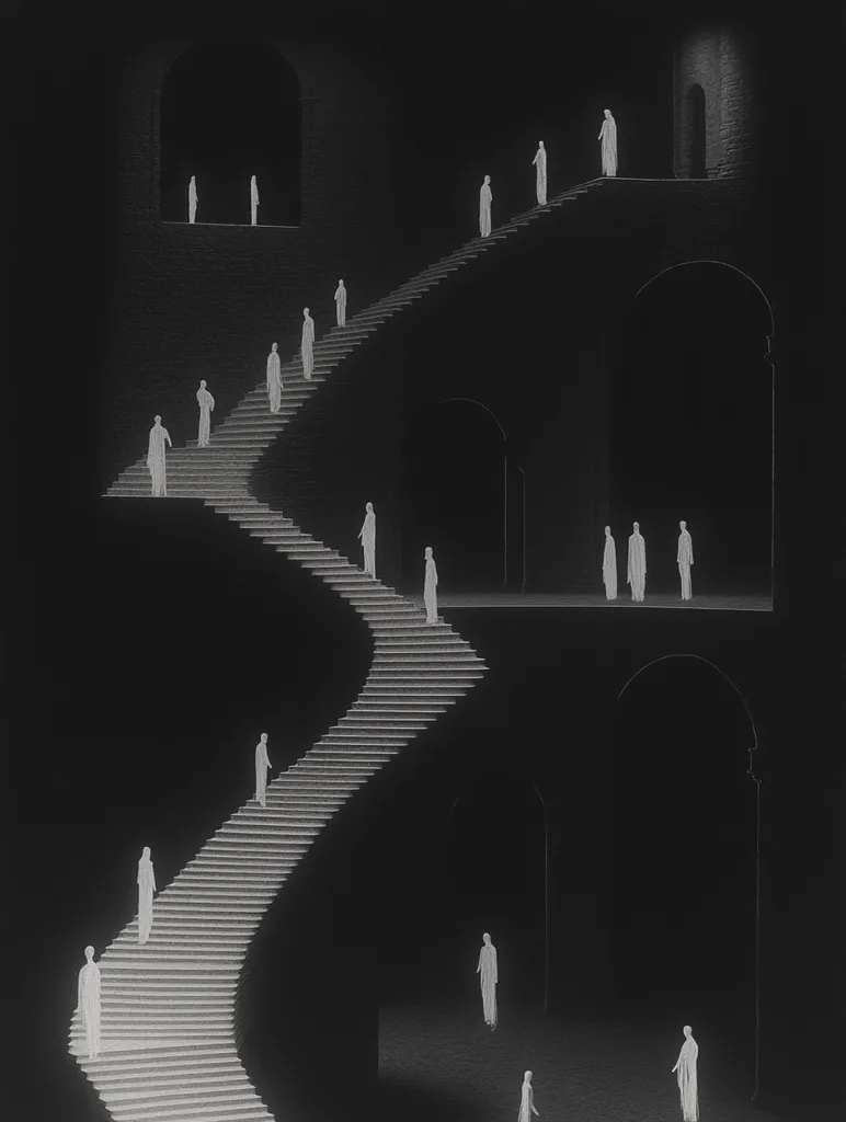 A winding staircase, illuminated by an unseen light source, ascends through a dark, architectural structure.  The stairway is populated by shadowy figures, their forms faintly visible as they traverse the steps, creating a sense of otherworldly mystery.  The overall atmosphere is both intriguing and unsettling.