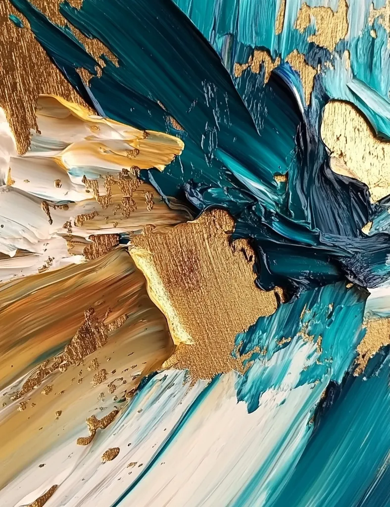 The image is an abstract painting with a mix of teal, gold, and white. The paint is applied in thick strokes, creating a textured and dynamic surface. The colors blend and overlap, creating a sense of movement and depth. Gold accents add a touch of luxury and sparkle. The painting evokes a feeling of energy and vibrancy.