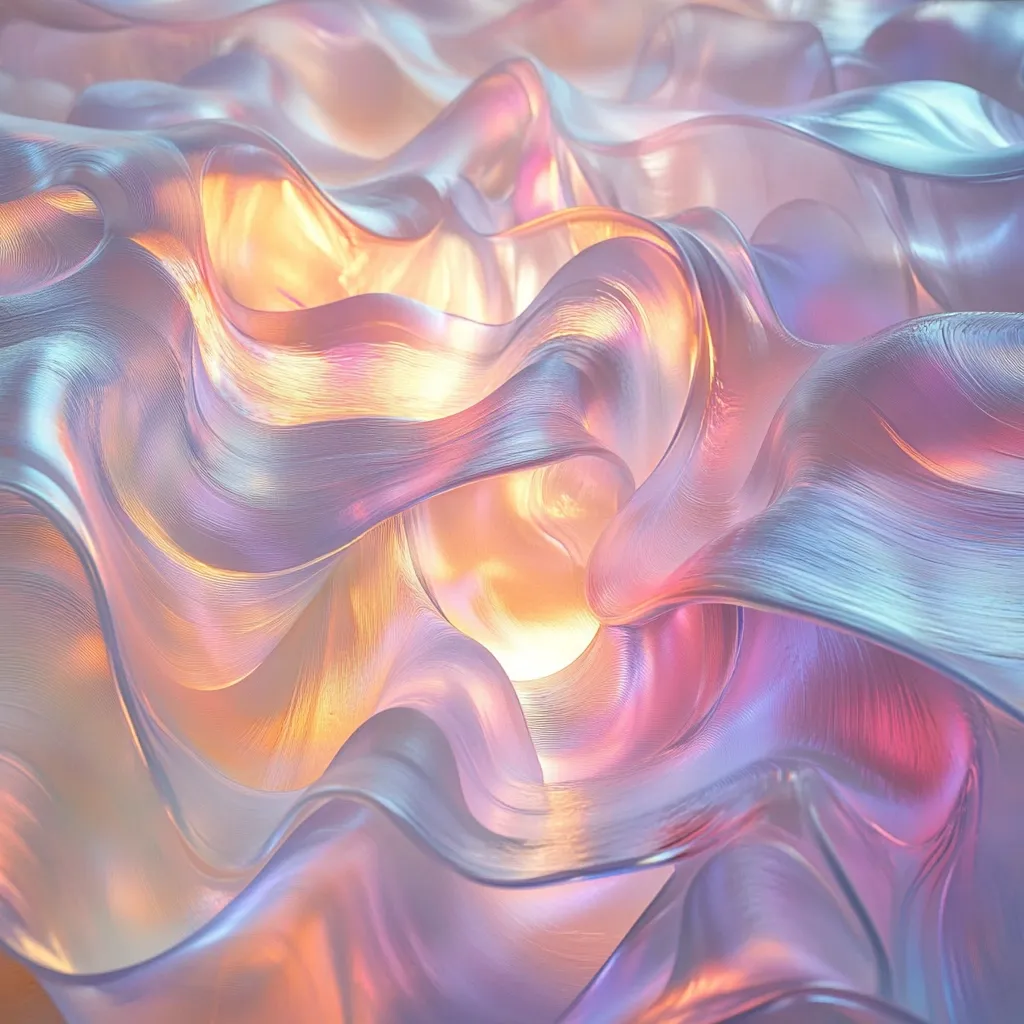 The image depicts a close-up of a shimmering, iridescent surface that resembles flowing fabric. The light plays on the folds, creating an ethereal and dreamlike effect. The colors shift and blend, creating a spectrum of soft pinks, purples, blues, and oranges.