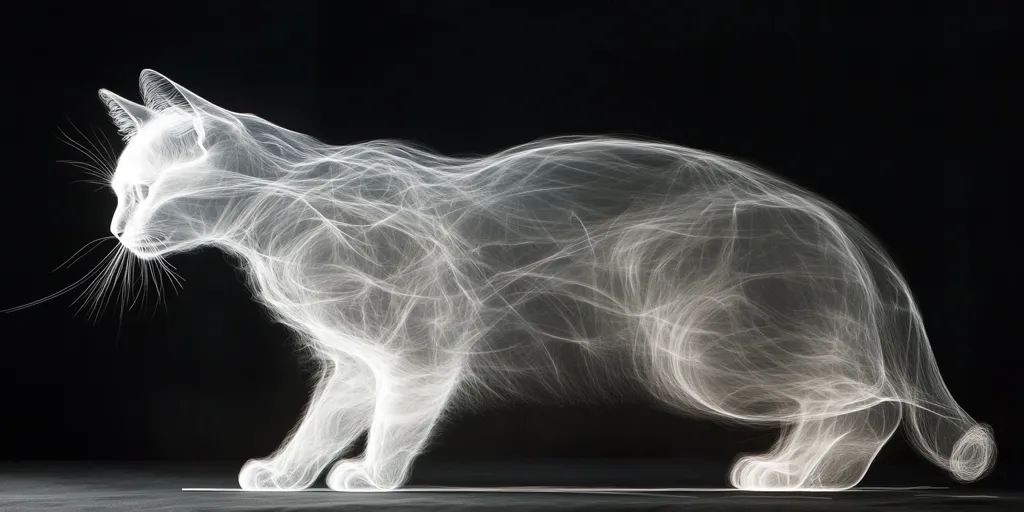 The image is a ghostly, ethereal representation of a cat in a profile pose. It is made up of thin, white lines that swirl and intertwine to create a sense of movement and energy. The cat appears to be in mid-step, with its tail curled around its body. The background is black, which helps to highlight the white lines and create a dramatic contrast. The overall effect is otherworldly and dreamlike, as if the cat is a creature of pure light and energy.