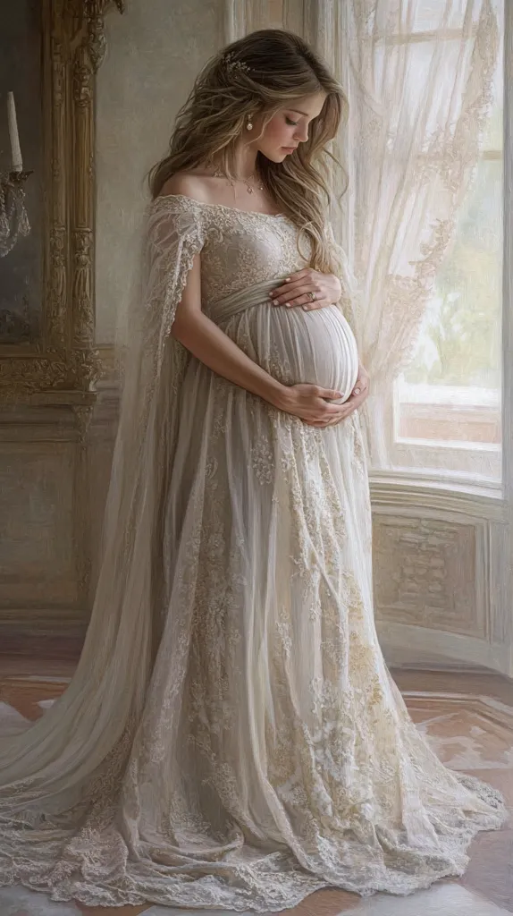 A pregnant woman, dressed in a flowing white lace gown, stands by a window. She cradles her stomach, her expression serene and thoughtful. Sunlight streams through the window, casting a soft glow on her. The delicate lace of her dress and her gentle posture evoke a sense of beauty and tranquility.