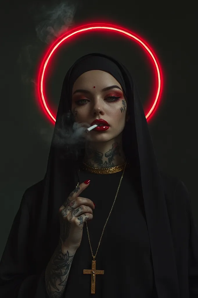 A woman, dressed in a black robe and a veil, stands against a dark background. Her face is heavily made up with red lipstick and dark eyeshadow, and a red dot is painted on her forehead. She is holding a lit cigarette and her left hand is adorned with tattoos. A glowing red halo hovers above her head, and she wears a gold chain with a large crucifix pendant. The image creates a clash between religious imagery and rebellious elements.