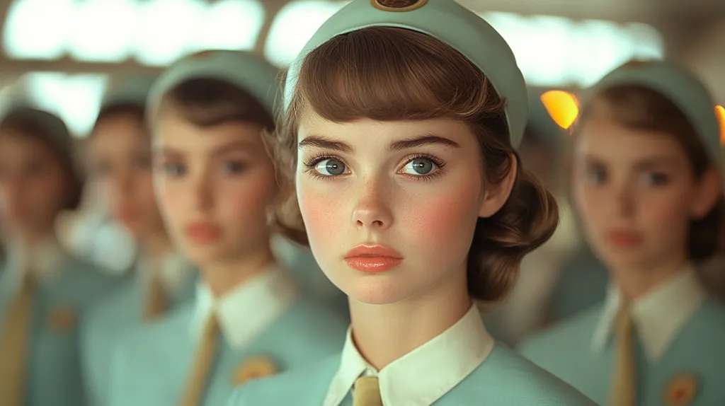 A young woman with light brown hair and light blue eyes is looking directly at the camera. She is wearing a blue and white uniform with a white collar and a light blue hat. There are two other women wearing similar uniforms behind her, but they are blurred. The photo has a vintage, retro feel.  The lighting is soft and warm.